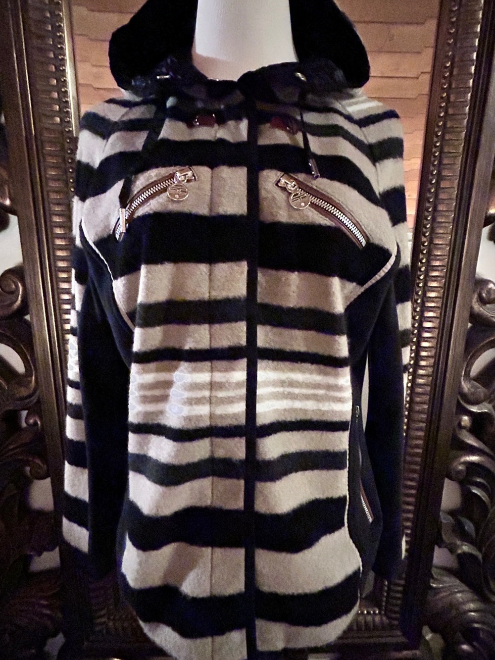 Sportalm Black & Cream Striped Hooded Bomber Jacket